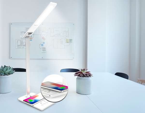 картинка Офисная настольная лампа диммируемая светодиодная с регулировкой цветовой температуры и яркости ночным режимом и таймером USB-портом и беспроводным ЗУ DE581 от магазина BTSvet