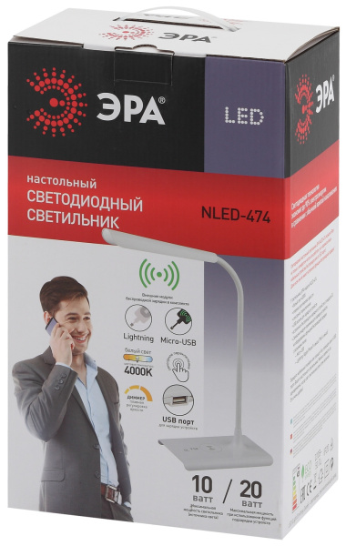 картинка Офисная настольная лампа светодиодная с диммером и выключателем регулировкой яркости и беспроводным ЗУ NLED-474-10W-BK от магазина BTSvet