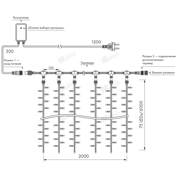 картинка Светодиодная гирлянда ARD-CURTAIN-CLASSIC-2000x6000-CLEAR-1500LED-WATERFALL Warm (230V, 180W) (Ardecoled, IP65) 024873 от магазина BTSvet