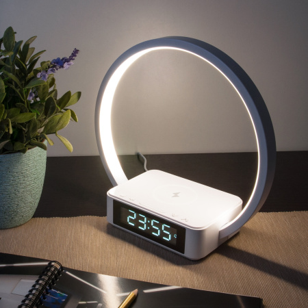 картинка Интерьерная настольна лампа диммируемая светодиодная с регулировокой яркости выключателем и беспроводным ЗУ будильником и часами Timelight 80505/1 от магазина BTSvet