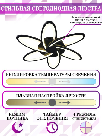 картинка Потолочная люстра светодиодная с управлением смартфоном и пультом регулировкой цветовой температурой и яркости ночным режимом и таймером HIGH-TECH LED LAMPS 82008 BLACK от магазина BTSvet