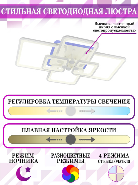 картинка Потолочная люстра светодиодная с пультом и управлением смартфоном регулировкой цветовой температуры и яркости ночным режимом и таймером HIGH-TECH LED LAMPS 82016 от магазина BTSvet