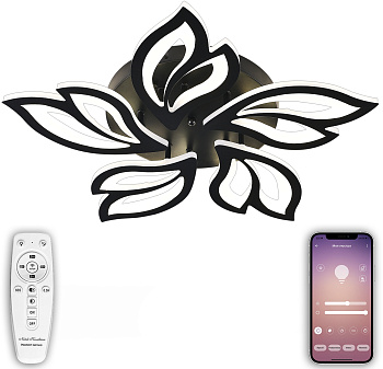 Потолочная люстра светодиодная с управлением смартфоном и пультом регулировкой цветовой температурой и яркости ночным режимом и таймером HIGH-TECH LED LAMPS 82006 BLACK