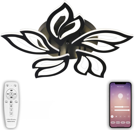 Потолочная люстра светодиодная с управлением смартфоном и пультом регулировкой цветовой температурой и яркости ночным режимом и таймером HIGH-TECH LED LAMPS 82006 BLACK