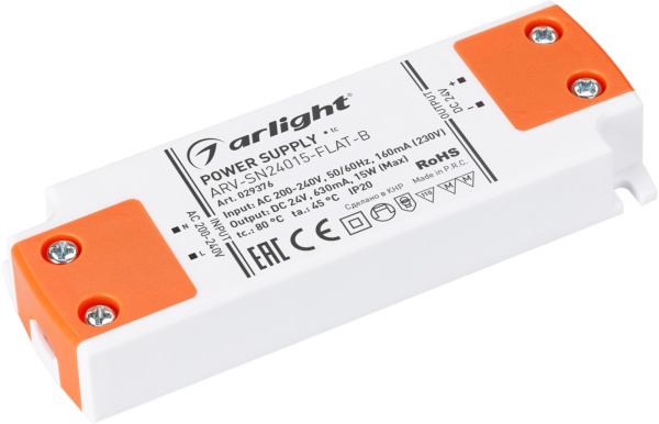 Блок питания ARV-SN24015-FLAT-B (24V, 0.63A, 15W) (Arlight, IP20 Пластик, 3 года) 029376