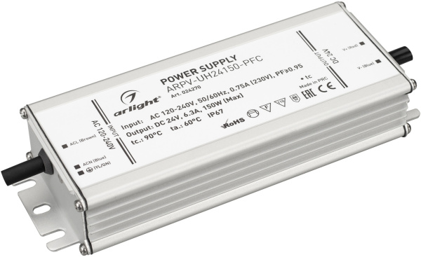 Блок питания ARPV-UH24150-PFC (24V, 6.3A, 150W) (Arlight, IP67 Металл, 7 лет) 024270