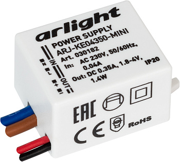 Блок питания ARJ-KE04350-MINI (1.4W, 350mA) (Arlight, IP20 Пластик, 5 лет) 030182