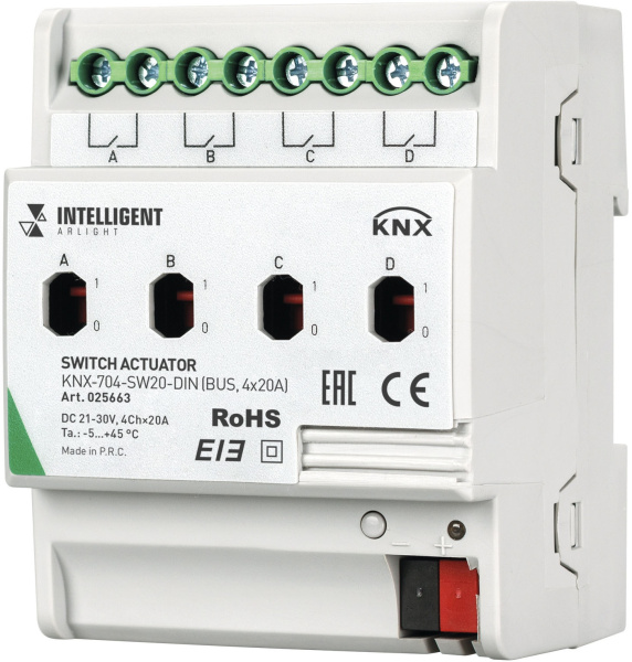 INTELLIGENT Релейный модуль KNX-704-SW20-DIN (BUS, 4x20A) (Arlight) 025663