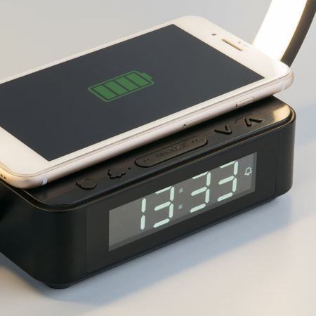 картинка Интерьерная настольна лампа диммируемая светодиодная с регулировокой яркости выключателем и беспроводным ЗУ будильником и часами Timelight 80505/1 от магазина BTSvet