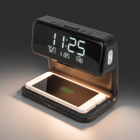 картинка Интерьерная настольна лампа диммируемая светодиодная с регулировокой яркости выключателем и беспроводным ЗУ будильником часами календарем и термометром Smith 80506/1 от магазина BTSvet