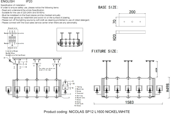 картинка Подвесная люстра NICOLAS SP12 L1600 NICKEL/WHITE от магазина BTSvet