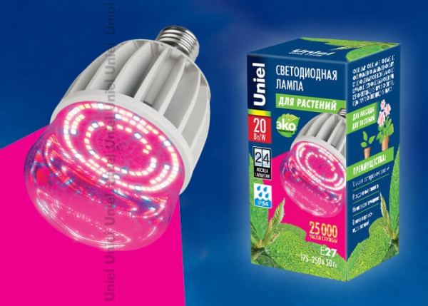 картинка Лампочка светодиодная для растений LED-M80-20W/SP/E27/CL ALS55WH картон от магазина BTSvet
