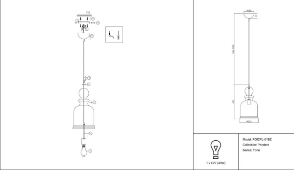 картинка Подвесной светильник Tone P001PL-01BZ от магазина BTSvet