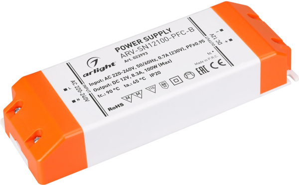 Блок питания ARV-SN12100-PFC-B (12V, 8.3A, 100W) (Arlight, IP20 Пластик, 3 года) 022993