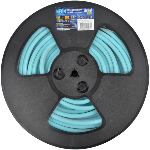 картинка Светодиодная гибкая герметичная лента Neon 15 м. Neon ULS-N11-2835-120LED/m-8mm-IP67-DC24V-10W/m-15M-LIGHTBLUE катушка в герметичной упаковке от магазина BTSvet
