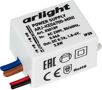 Блок питания ARJ-KE04700-MINI (2.8W, 700mA) (Arlight, IP20 Пластик, 5 лет) 030189