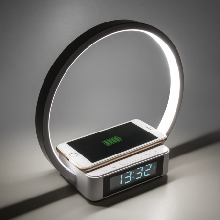 картинка Интерьерная настольна лампа диммируемая светодиодная с регулировокой яркости выключателем и беспроводным ЗУ будильником и часами Timelight 80505/1 от магазина BTSvet