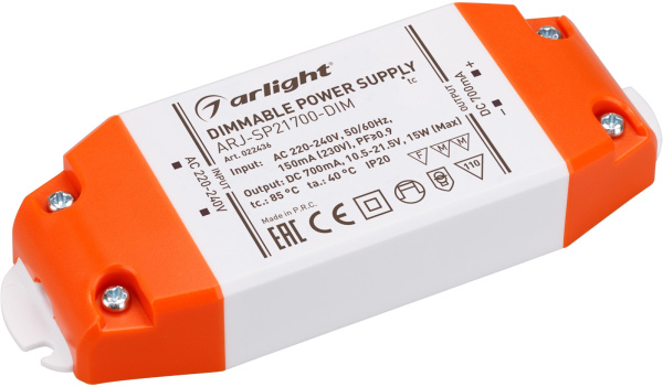 Блок питания ARJ-SP21700-DIM (15W, 700mA, PFC, Triac) (Arlight, IP20 Пластик, 3 года) 022436