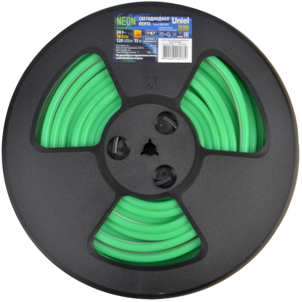 картинка Светодиодная гибкая герметичная лента Neon 15 м. Neon ULS-N11-2835-120LED/m-8mm-IP67-DC24V-10W/m-15M-GREEN катушка в герметичной упаковке от магазина BTSvet