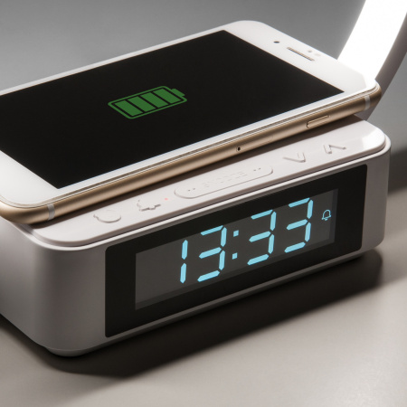 картинка Интерьерная настольна лампа диммируемая светодиодная с регулировокой яркости выключателем и беспроводным ЗУ будильником и часами Timelight 80505/1 от магазина BTSvet